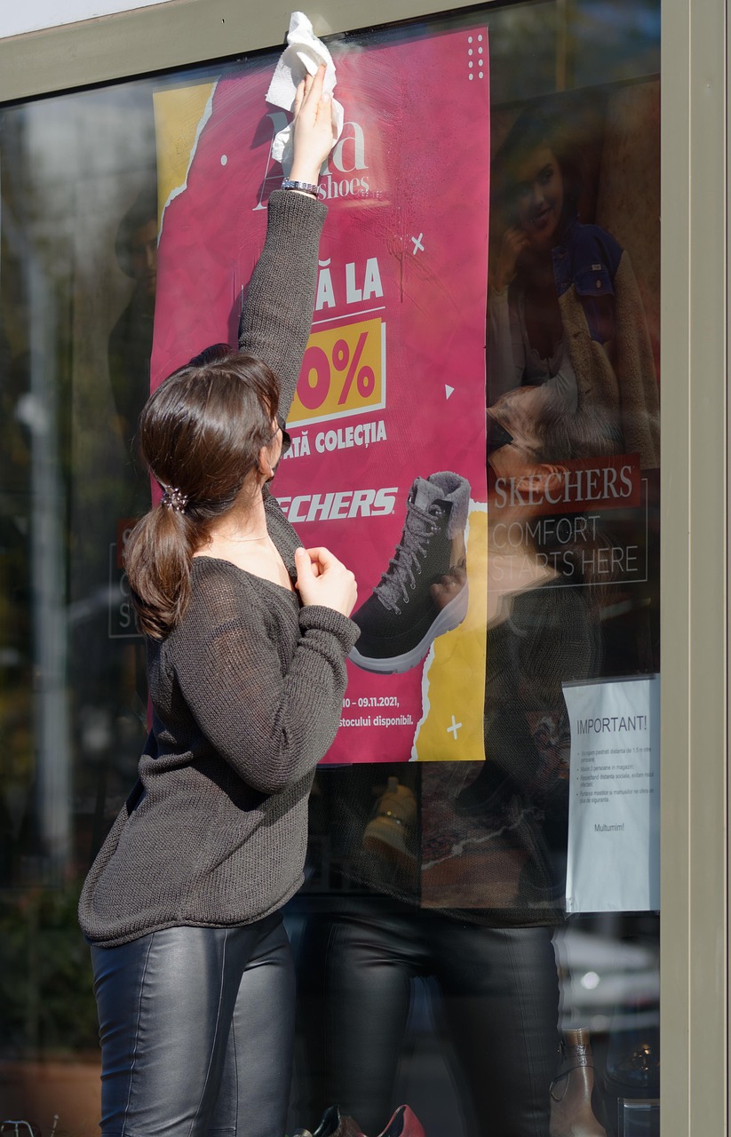 woman, sale, store, cleaning, window